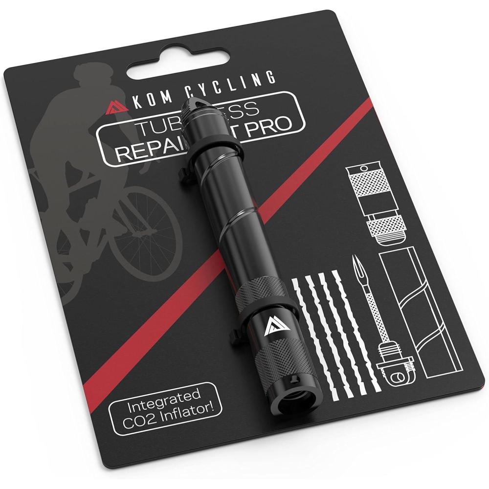 imageKOM Cycling Tubeless Tire Repair Kit for Bikes 8 Colors Fixes Mountain Bike and Road Bicycle Tire PuncturesBlack PRO with CO2 Inflator
