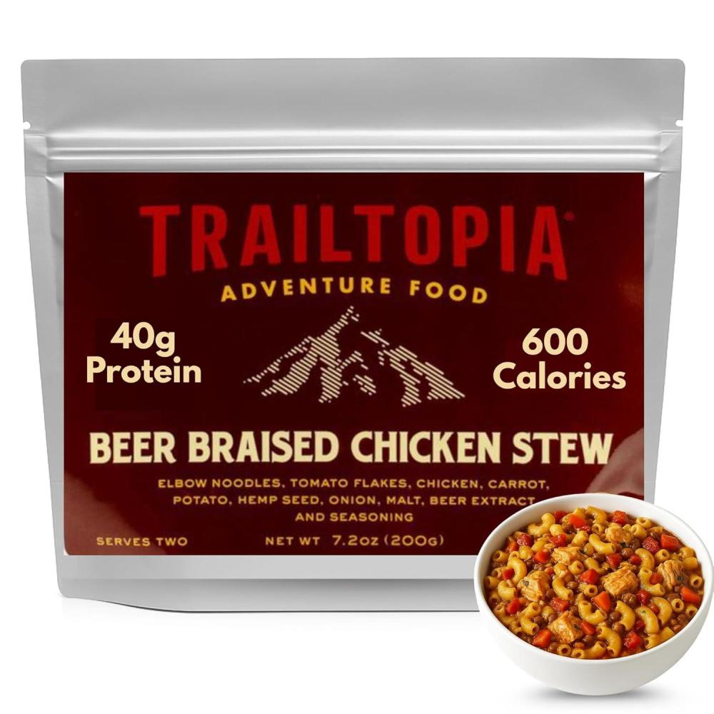 imageTrailtopia Chicken Stew with Noodles  Freeze Dried Hiking Dinner  Delicious Taste  Quick ampamp Easy Prep  Lightweight  Perfect for Camping ampamp Backpacking  High Energy Meals for Outdoor AdventuresBeer Braised Chicken Stew