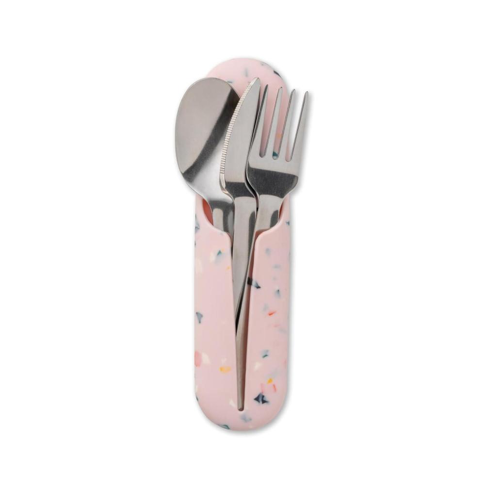 imageWampampP Porter Stainless Steel Utensils with Silicone Carrying Case  Blush  Spoon Fork ampamp Knife for Meals on the Go  Portable and Compact SetTerrazzo Blush