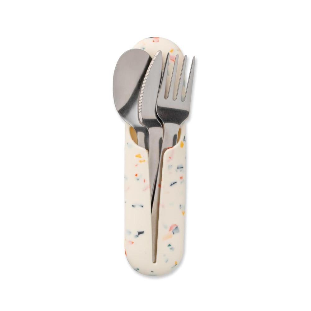 imageWampampP Porter Stainless Steel Utensils with Silicone Carrying Case  Blush  Spoon Fork ampamp Knife for Meals on the Go  Portable and Compact SetTerrazzo Cream
