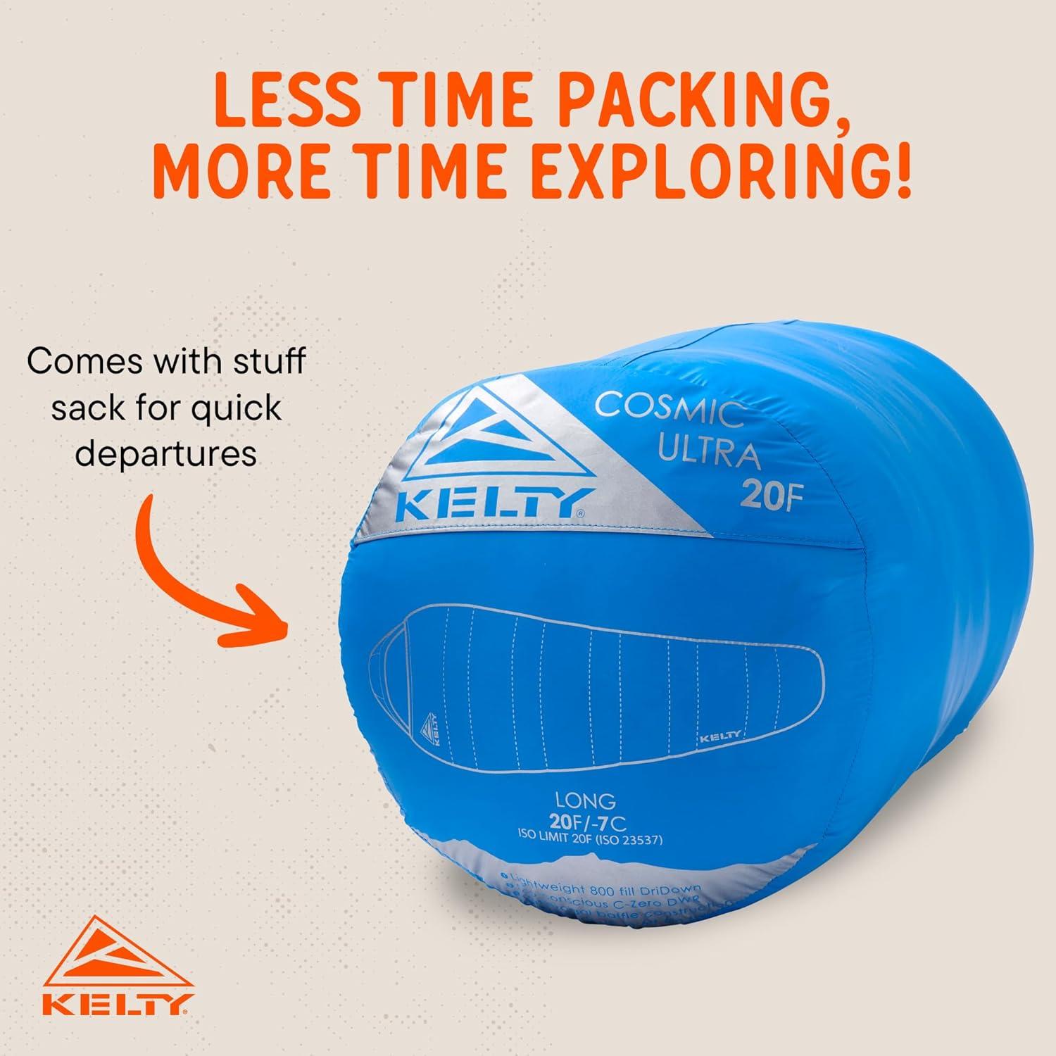 imageKelty Cosmic Ultra 20 Degree Sleeping Bag 800 Dridown Premium Thermal Efficiency Soft to Touch Large Footbox Environmental and Health Friendly C0 and PFCFree DWR Compression Stuff Sack ampamp MoreLong