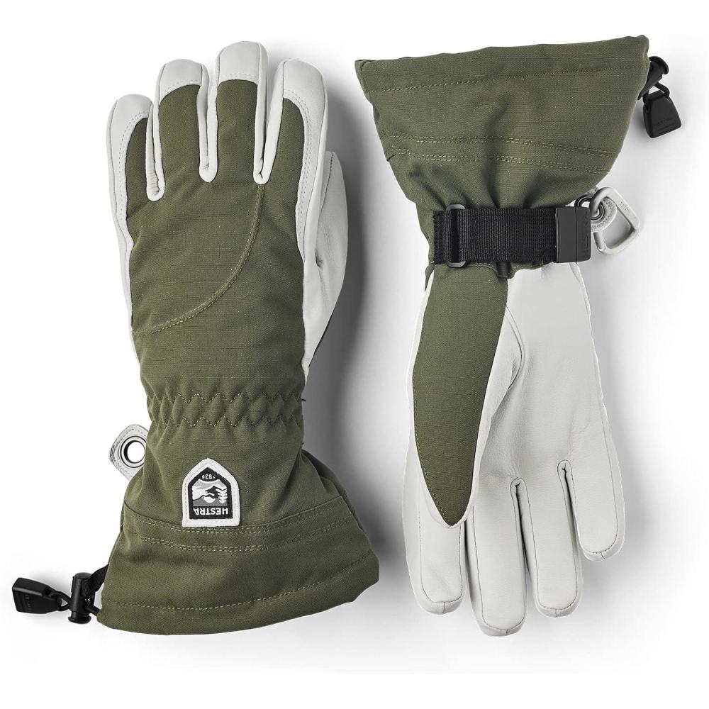 imageHestra Womens Heli Ski Female Glove 5Finger Leather Snow Glove for Skiing Snowboarding and MountaineeringOliveOffwhite