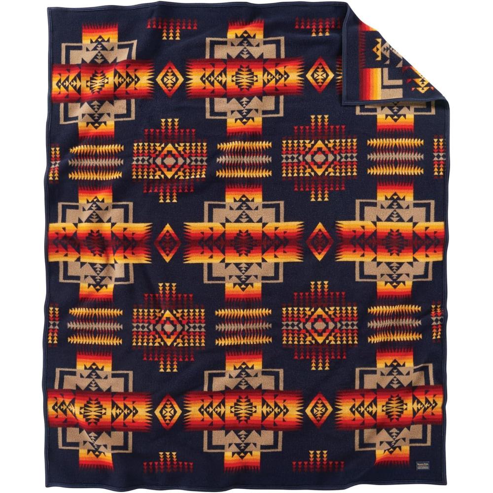 imagePendleton Chief Joseph Jacquard Wool Blanket 64quot x 80quot Reversible Throw Blanket Wool Felt Binding Breathable Napped for Softness Great for Home and TravelNavy