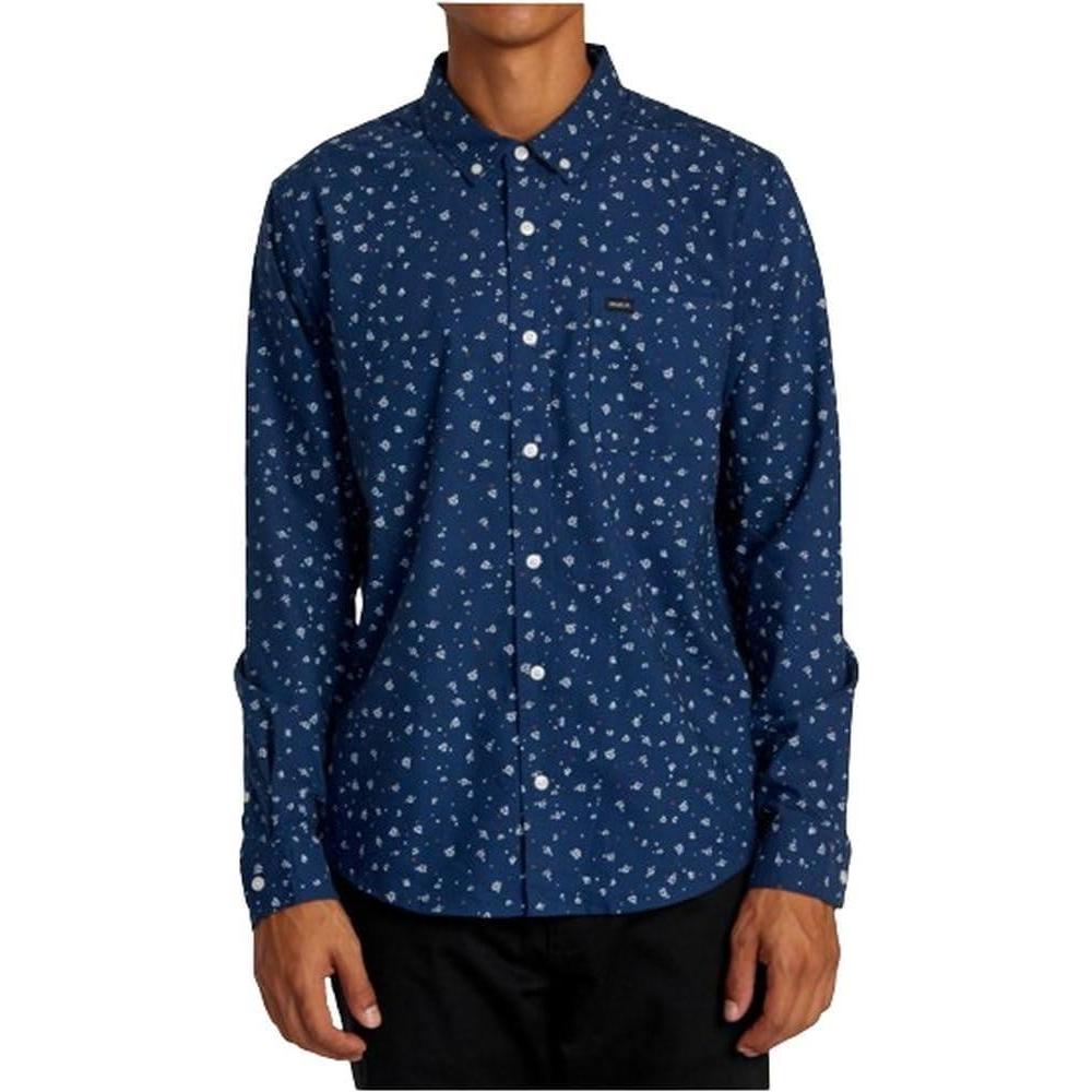 imageRVCA Mens Thatll Do Stretch Long Sleeve Woven Button Front ShirtThatll Do Print Dark Denim