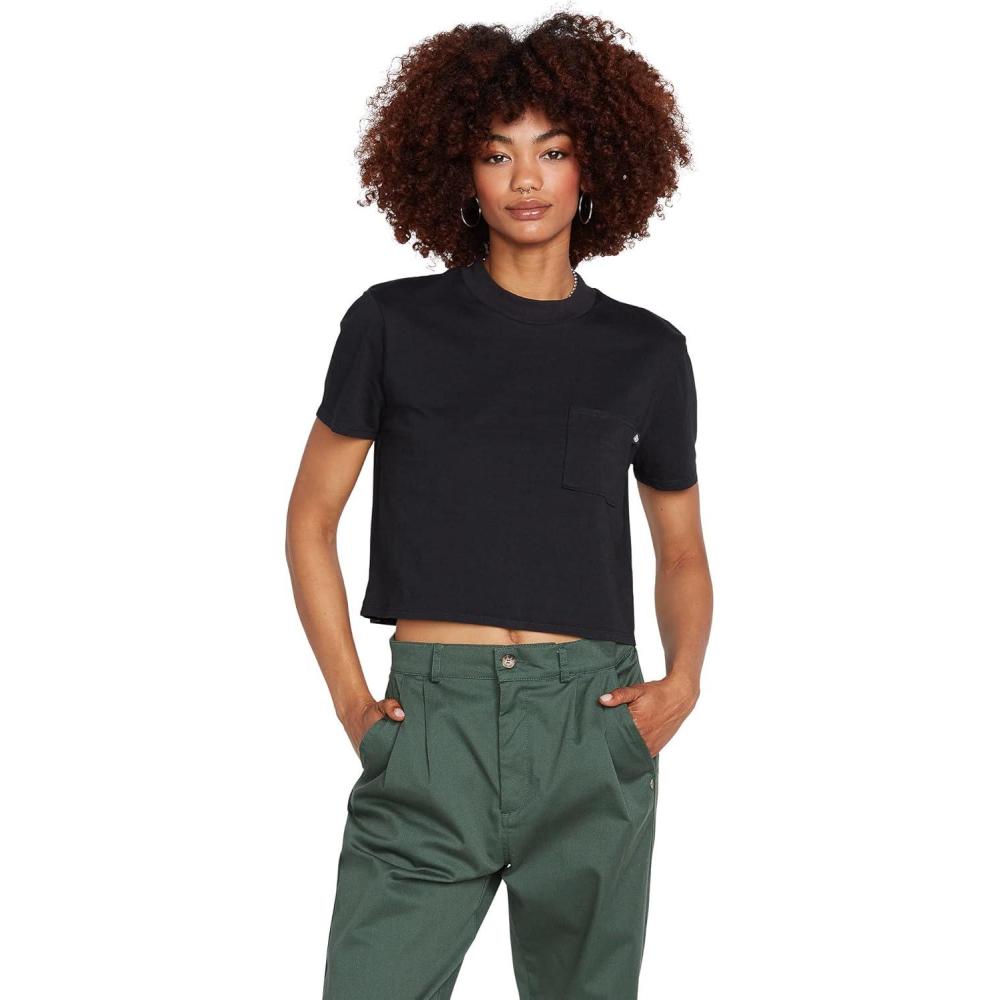 imageVolcom Womens Short Sleeve Pocket Dial Tee  Crew Neck TShirt with Chest Pocket and Screen PrintAllover Black