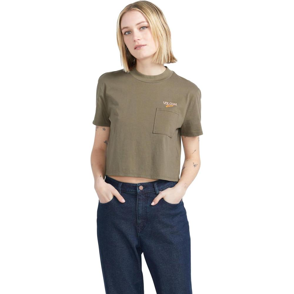 imageVolcom Womens Short Sleeve Pocket Dial Tee Crew Neck TShirt with Chest Pocket and Screen PrintArmy