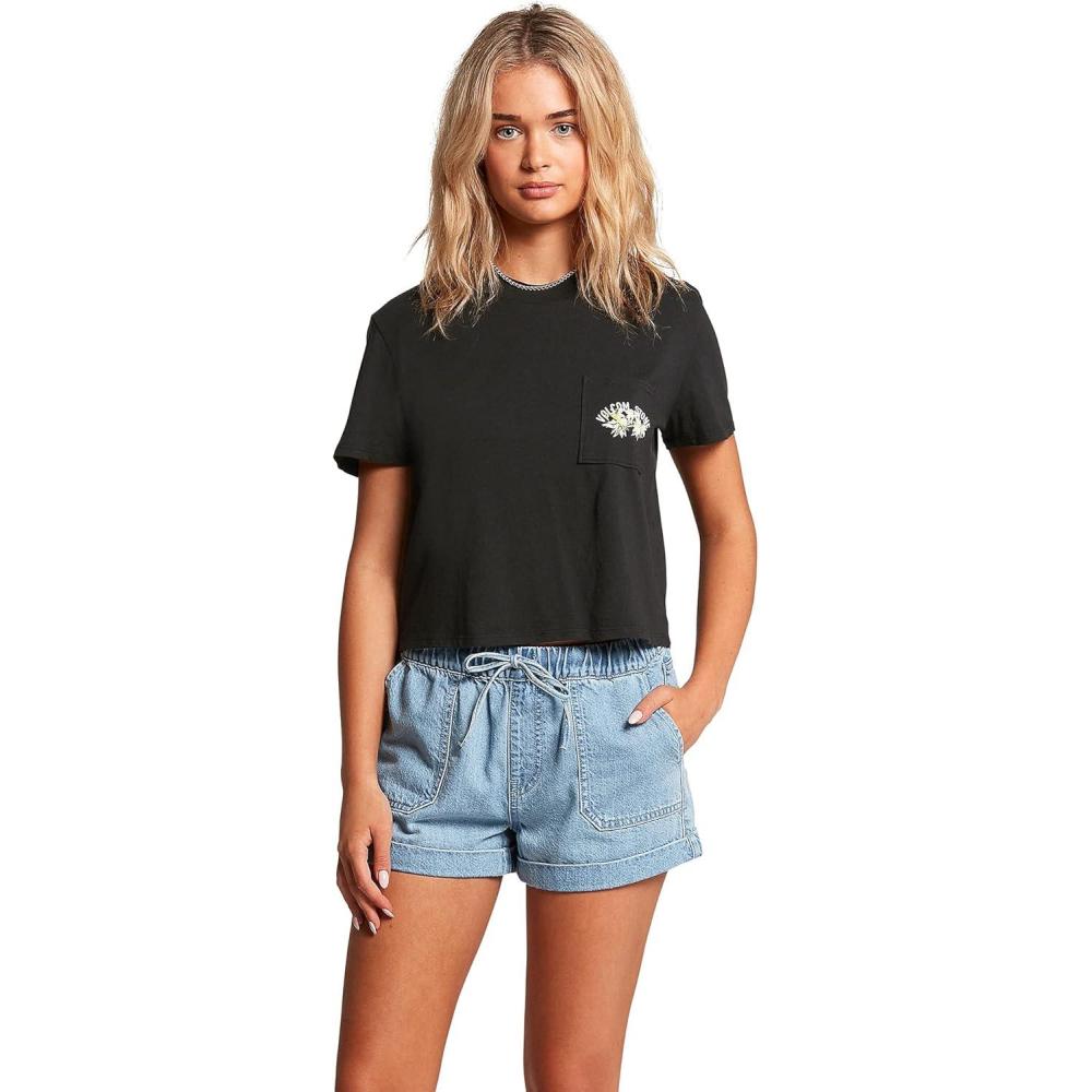 imageVolcom Womens Short Sleeve Pocket Dial Tee  Crew Neck TShirt with Chest Pocket and Screen PrintBlack Black