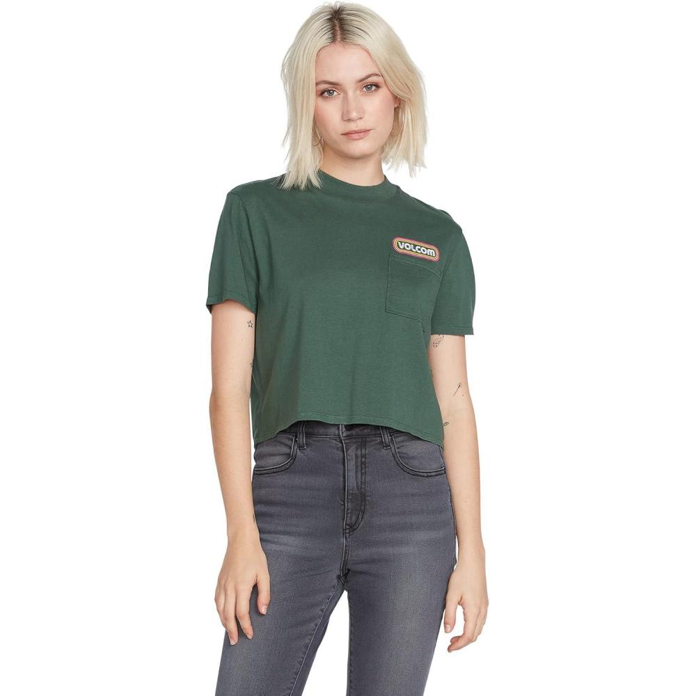 imageVolcom Womens Short Sleeve Pocket Dial Tee Crew Neck TShirt with Chest Pocket and Screen PrintDark Pine