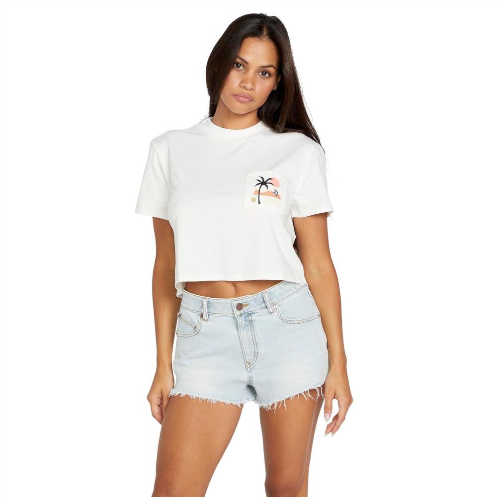 imageVolcom Womens Short Sleeve Pocket Dial Tee  Crew Neck TShirt with Chest Pocket and Screen PrintStar White Logo