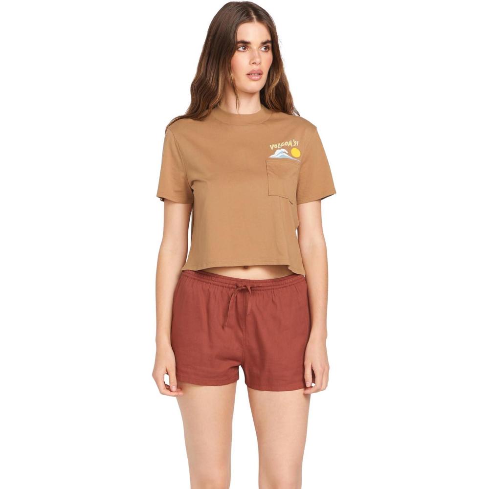 imageVolcom Womens Short Sleeve Pocket Dial Tee  Crew Neck TShirt with Chest Pocket and Screen PrintVintage Brown Brown