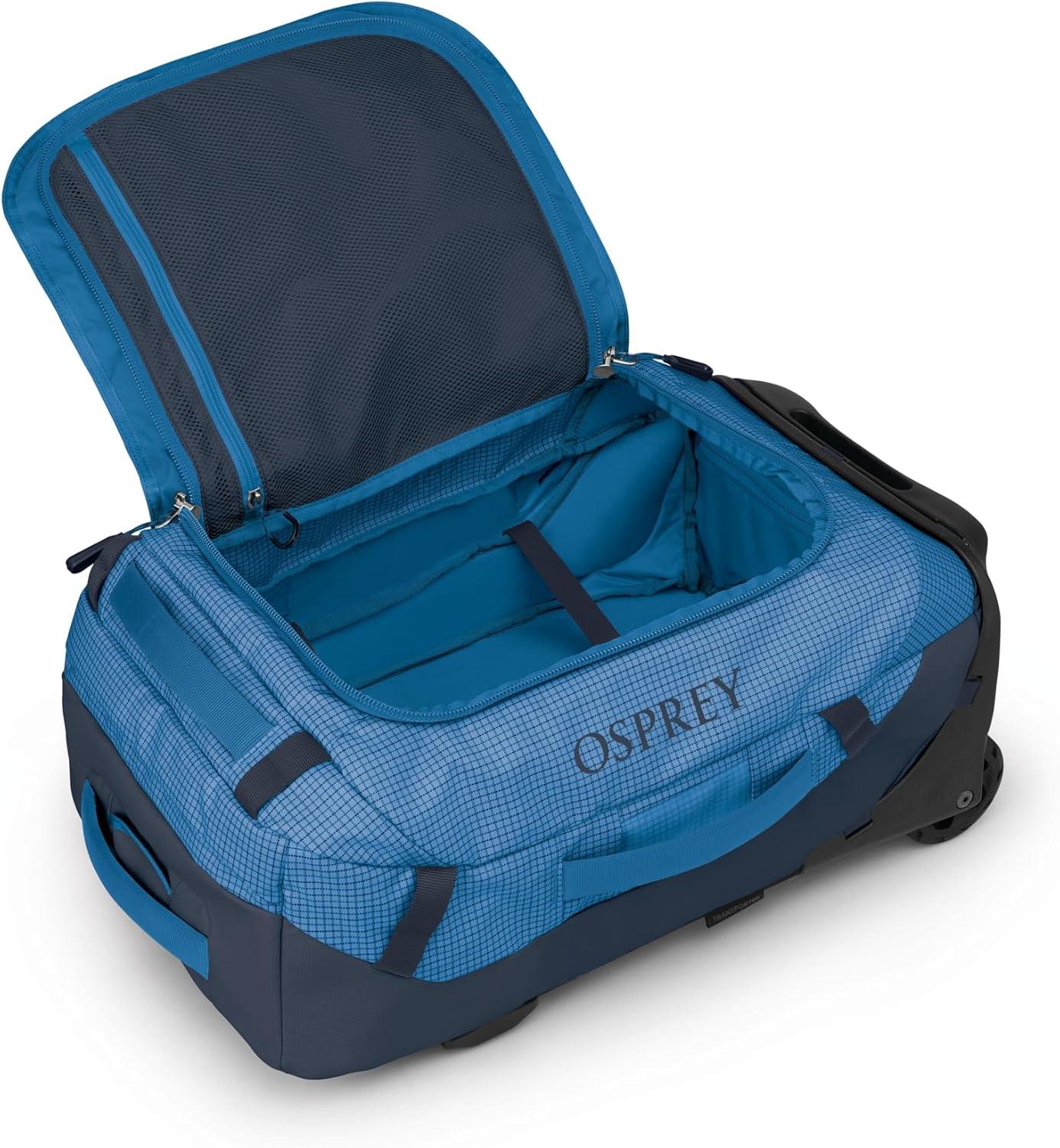 imageOsprey Transporter 90L Wheeled Travel Duffel Bag Large Lightweight Rolling Suitcase for Men and Women Raven BlackBlue FlameNocturnal Blue