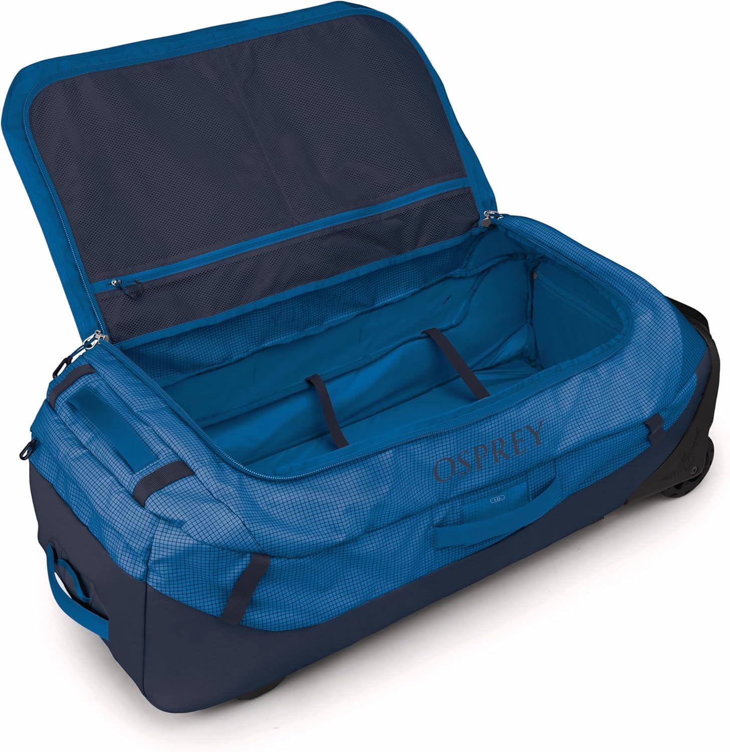imageOsprey Transporter 90L Wheeled Travel Duffel Bag Large Lightweight Rolling Suitcase for Men and Women Raven BlackBlue FlameNocturnal Blue