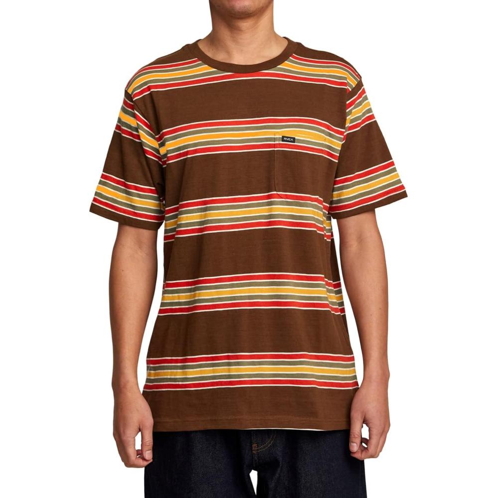imageRVCA Mens Premium Red Stitch Short Sleeve Graphic Tee ShirtBombay Brown Somedays Stripe