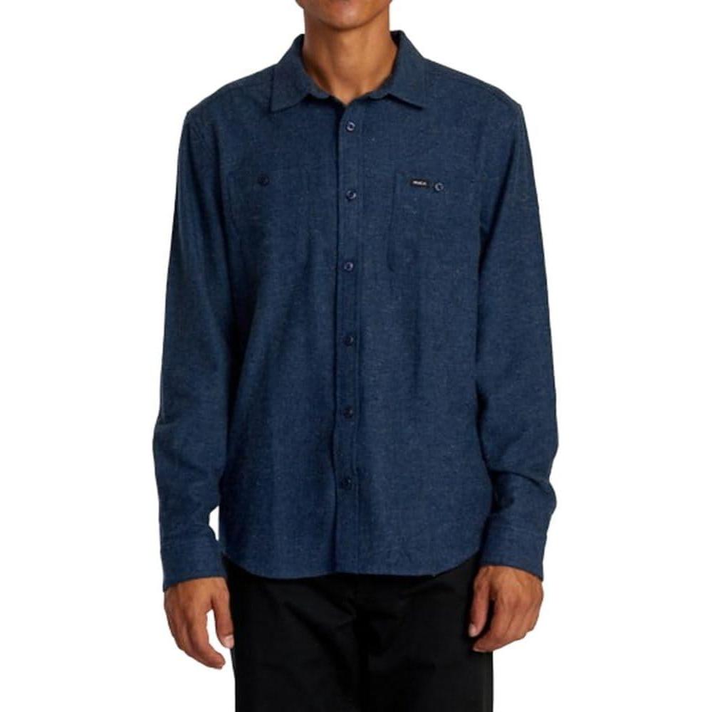 imageRVCA Mens Thatll Work Flannel Long Sleeve Woven ShirtHarvest Neps  Dark Denim
