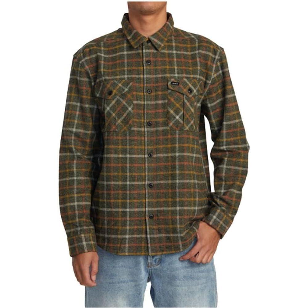 imageRVCA Mens Thatll Work Flannel Long Sleeve Woven ShirtHughes FlannelWarm Grey