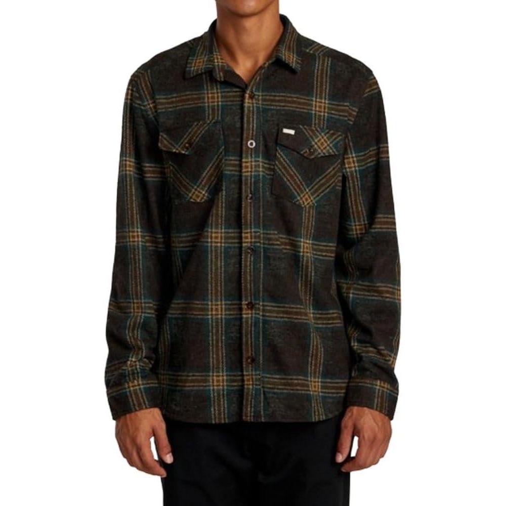 imageRVCA Mens Thatll Work Flannel Long Sleeve Woven ShirtVacancy  Chocolate