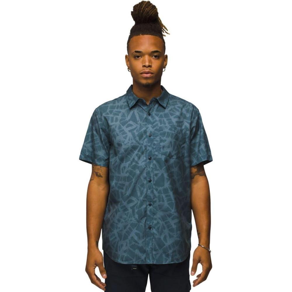 imageprAna Mens Lost Sol Printed Short Sleeve Shirt Standard FitGrey Blue Cracked Earth
