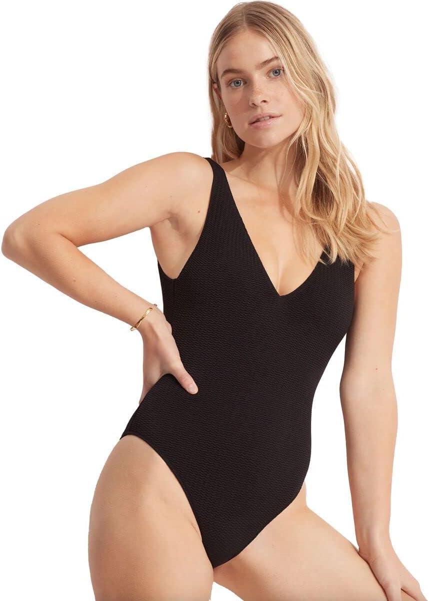 imageSeafolly Womens Deep V Neck Over The Shoulder One Piece SwimsuitSea Dive Black