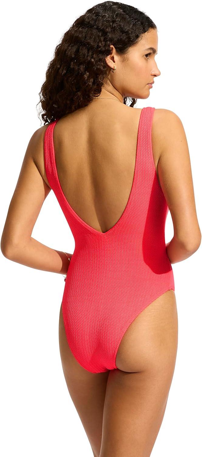imageSeafolly Womens Deep V Neck Over The Shoulder One Piece SwimsuitSea Dive Snapdragon