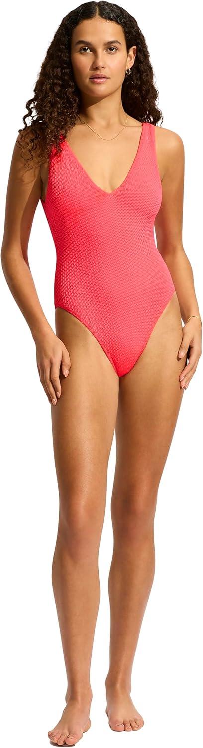 imageSeafolly Womens Deep V Neck Over The Shoulder One Piece SwimsuitSea Dive Snapdragon