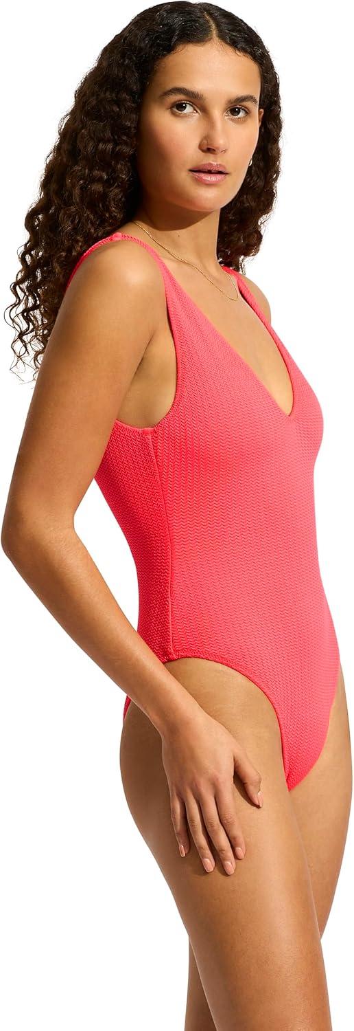 imageSeafolly Womens Deep V Neck Over The Shoulder One Piece SwimsuitSea Dive Snapdragon