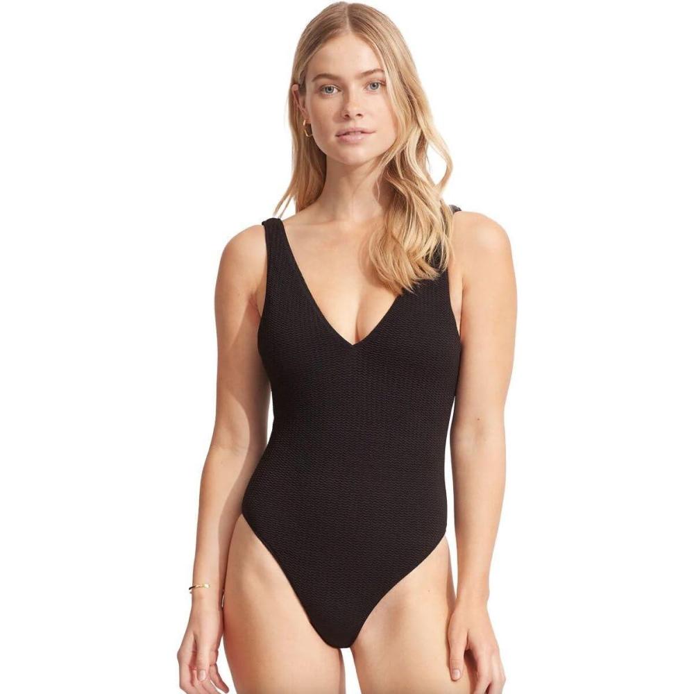 imageSeafolly Womens Deep V Neck Over The Shoulder One Piece SwimsuitSea Dive Black
