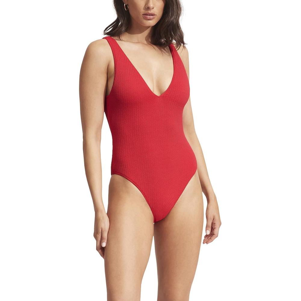 imageSeafolly Womens Deep V Neck Over The Shoulder One Piece SwimsuitSea Dive Chilli Red
