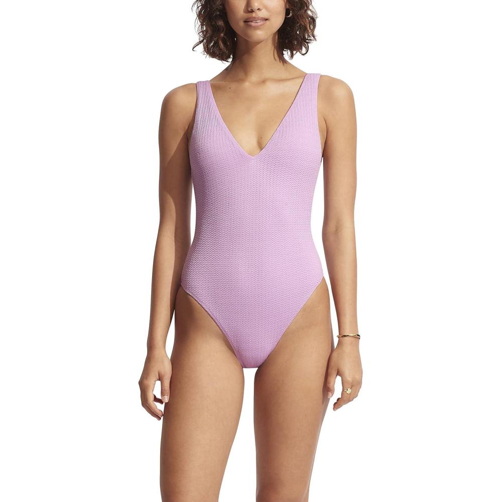 imageSeafolly Womens Deep V Neck Over The Shoulder One Piece SwimsuitSea Dive Lilac