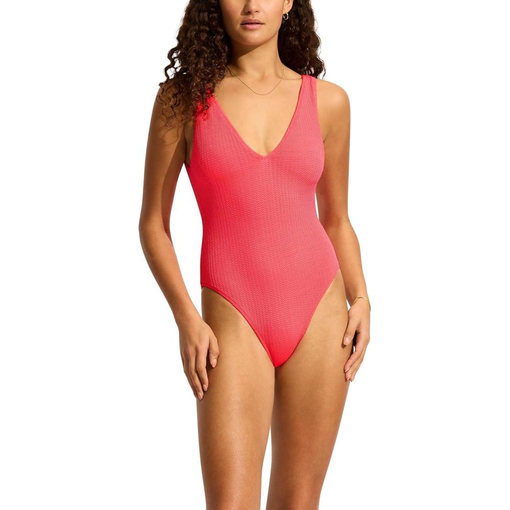 imageSeafolly Womens Deep V Neck Over The Shoulder One Piece SwimsuitSea Dive Snapdragon