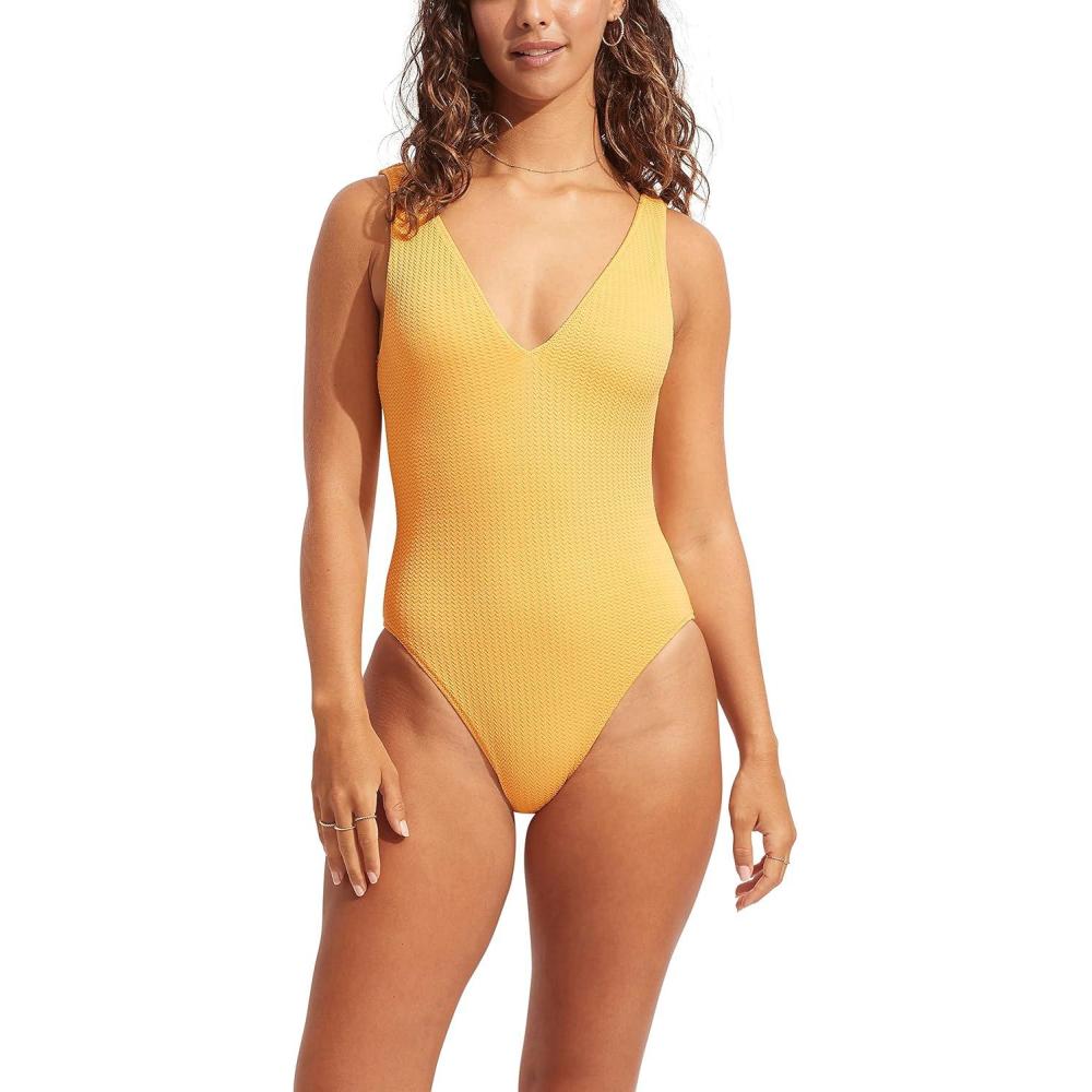 imageSeafolly Womens Deep V Neck Over The Shoulder One Piece SwimsuitSea Dive Tuscan Sunset
