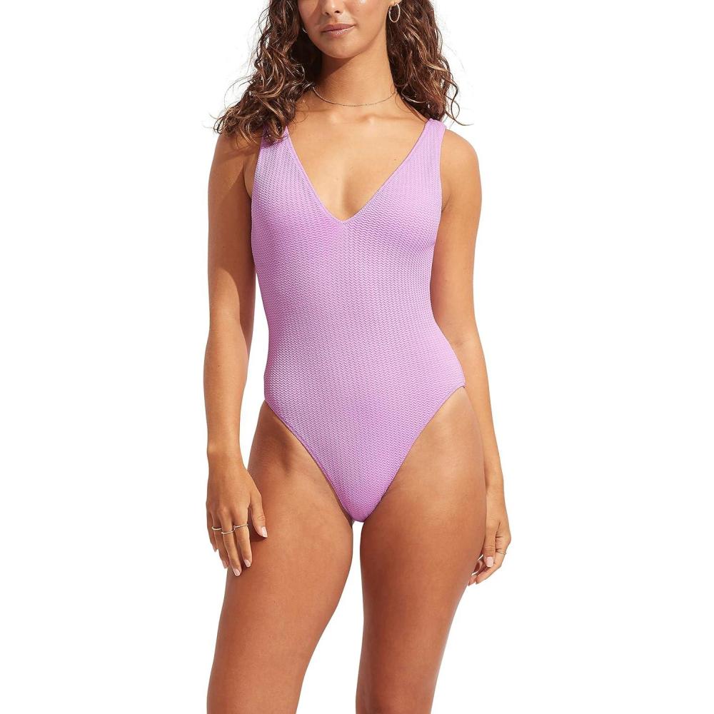 imageSeafolly Womens Deep V Neck Over The Shoulder One Piece SwimsuitSea Dive Wild Rose