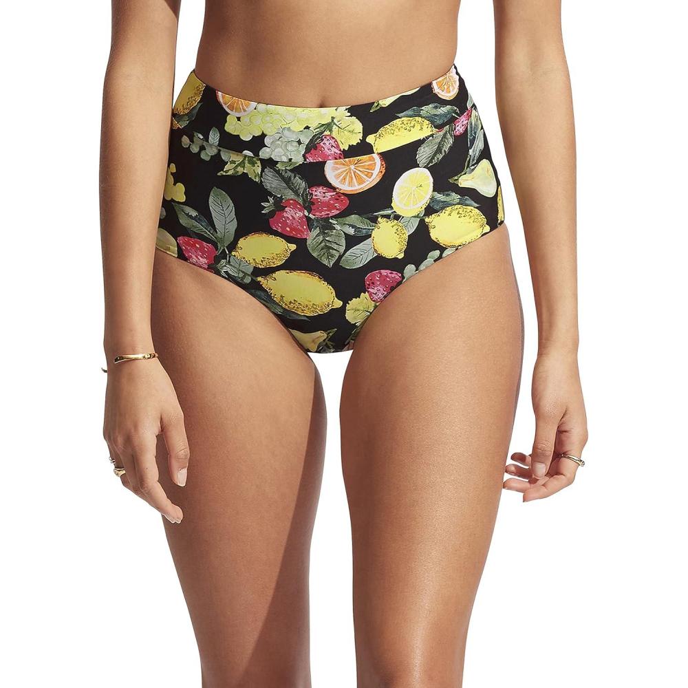 imageSeafolly Womens High Waisted Full Coverage Low Legline Bikini Bottom SwimsuitLemoncello Black
