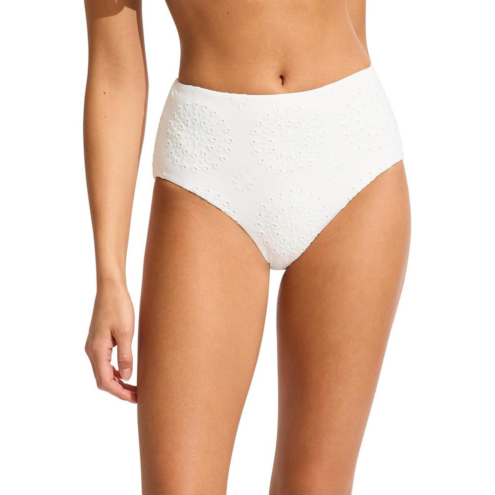 imageSeafolly Womens High Waisted Full Coverage Low Legline Bikini Bottom SwimsuitLulu White