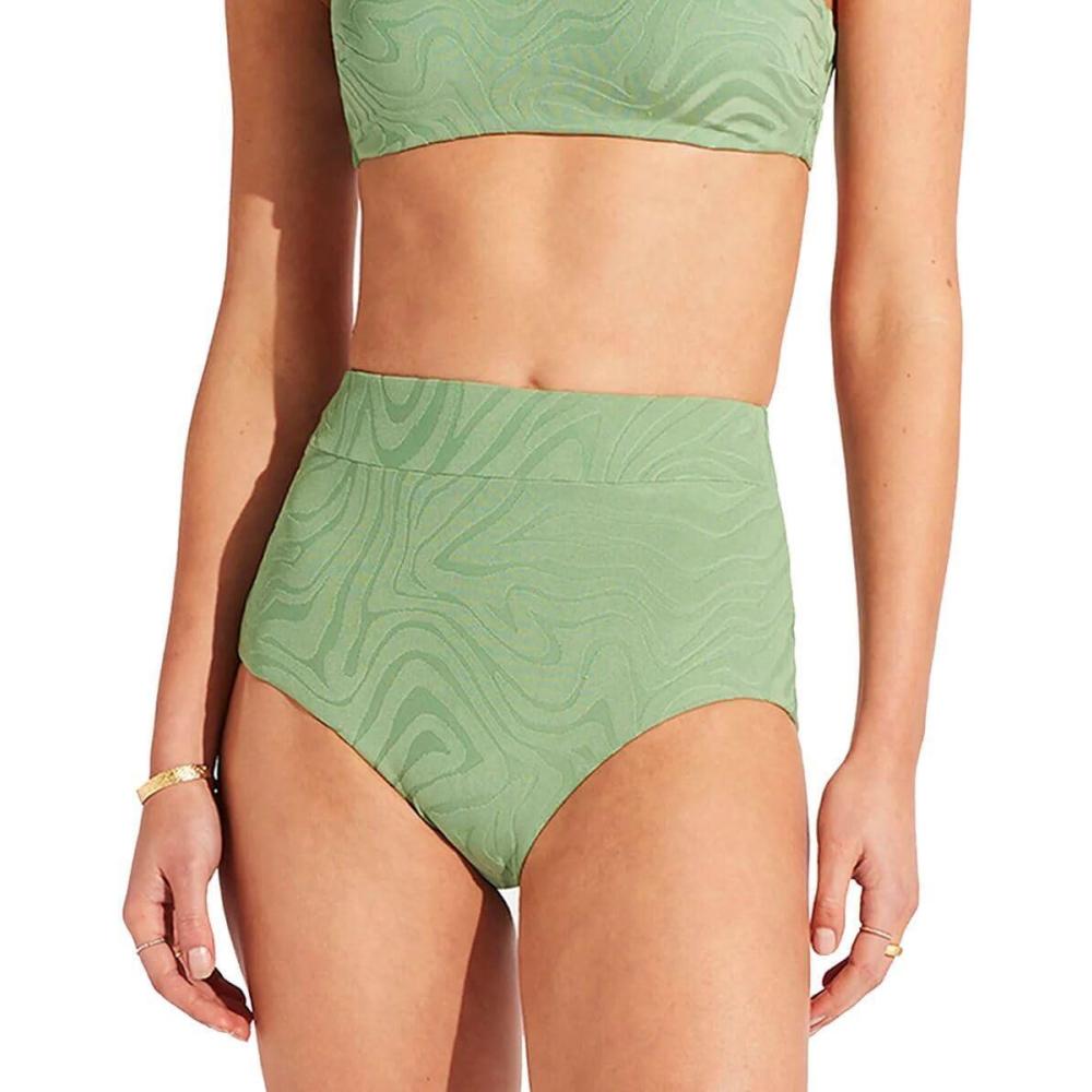 imageSeafolly Womens High Waisted Full Coverage Low Legline Bikini Bottom SwimsuitSecond Wave Palm Green