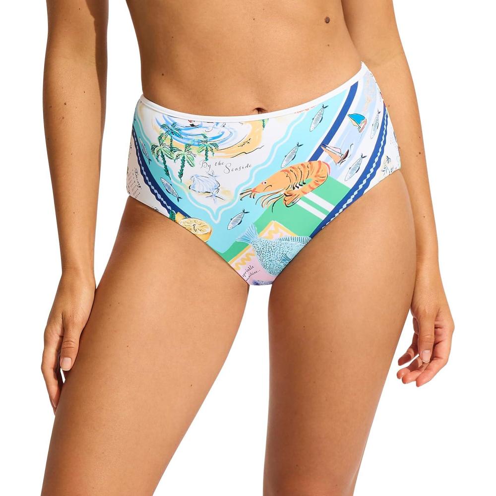 imageSeafolly Womens High Waisted Full Coverage Low Legline Bikini Bottom SwimsuitWish You Were Here Atoll Blue