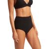 Seafolly Women’s High Waisted Full Coverage Low Legline Bikini Bottom Swimsuit(Second Wave Black)