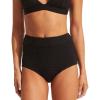 Seafolly Women’s High Waisted Full Coverage Low Legline Bikini Bottom Swimsuit(Second Wave Black)