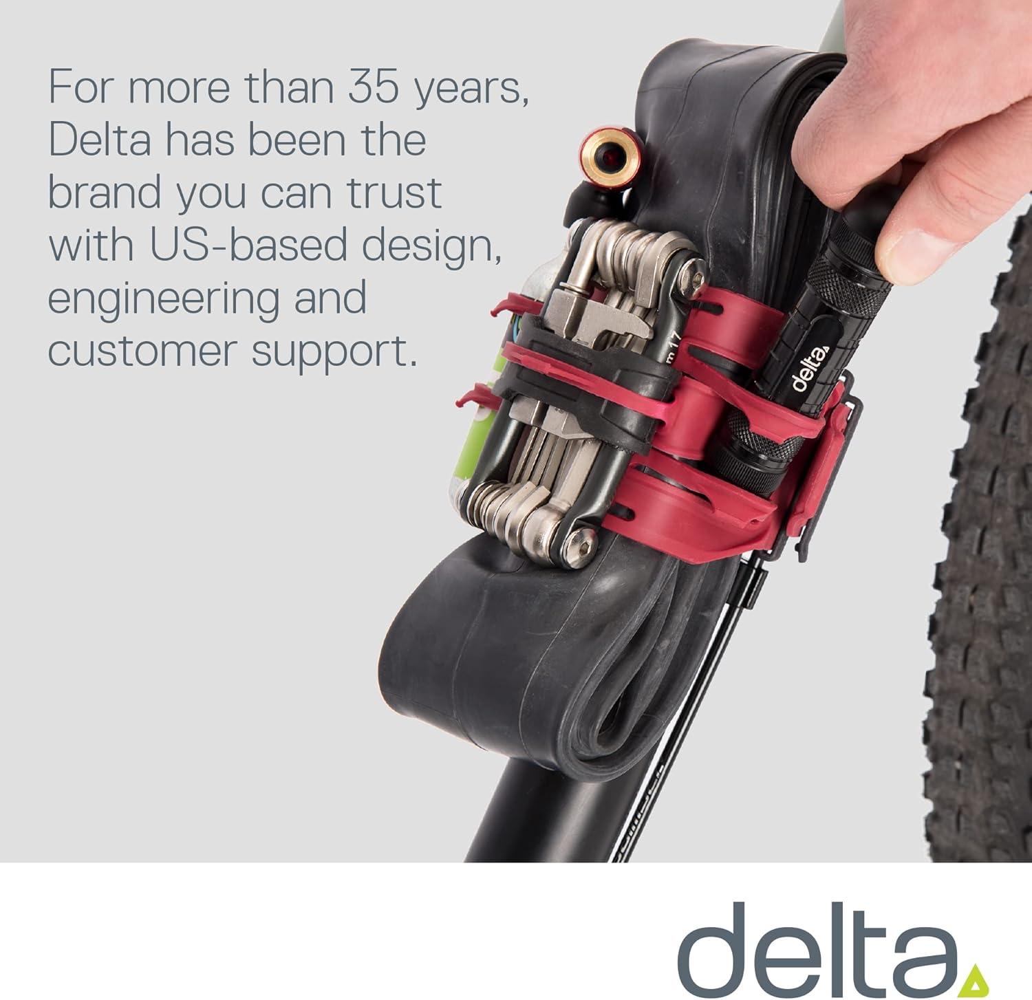 imageBike Frame Carrier Strap MTB with Tire Plugger Kit Stwap by Delta Cycle Mountain Bike Strap with Integrated Storage Loops for CO2 Inflator Tubes Bike Tool Kit and MoreStorage Repair Strap Red