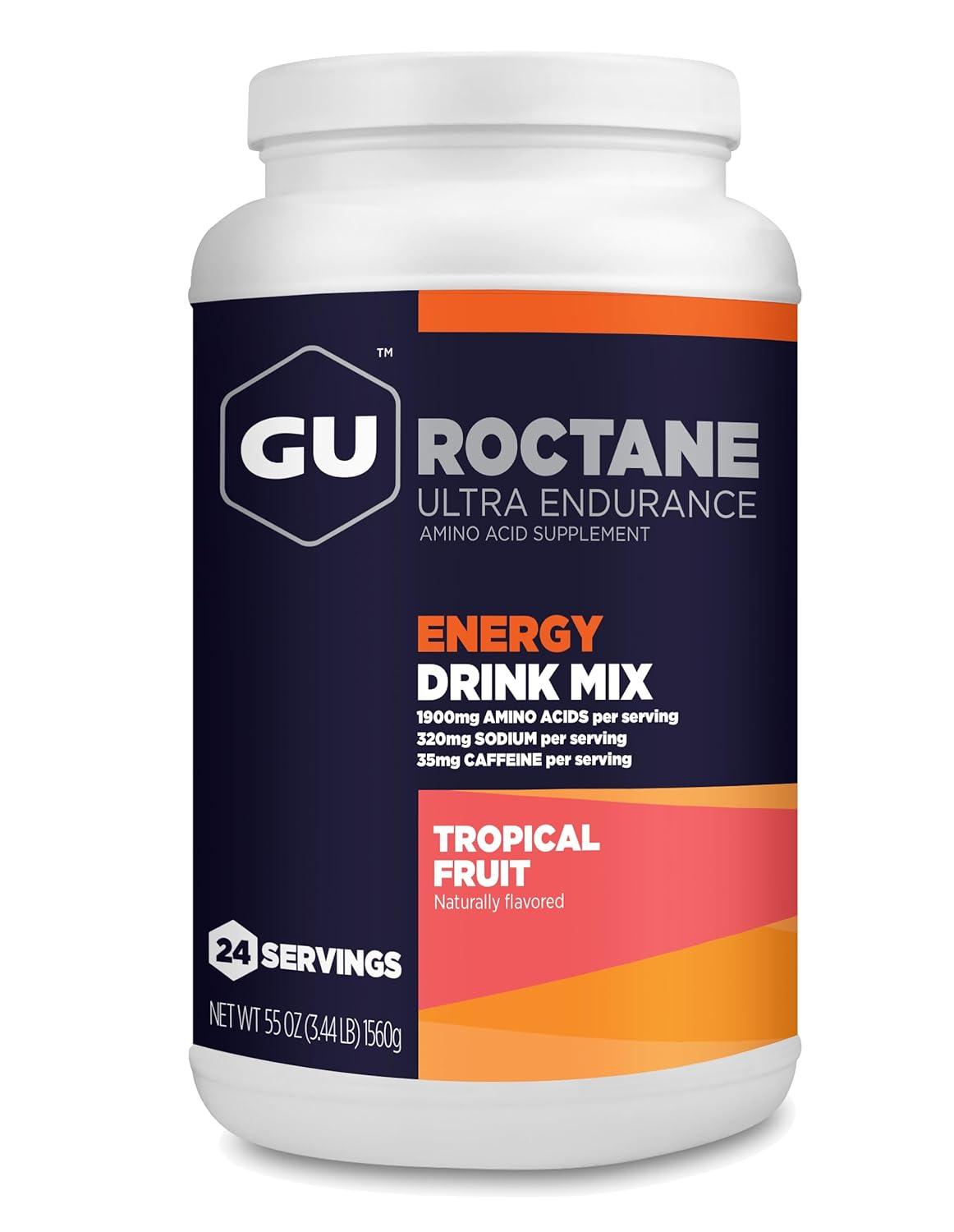 imageGU Energy Roctane Ultra Endurance Energy Drink Mix Vegan GlutenFree Kosher 35mg of Caffeine and DairyFree ntheGo Energy for Any Workout 344Pound Jar Tropical FruitTropical Fruit