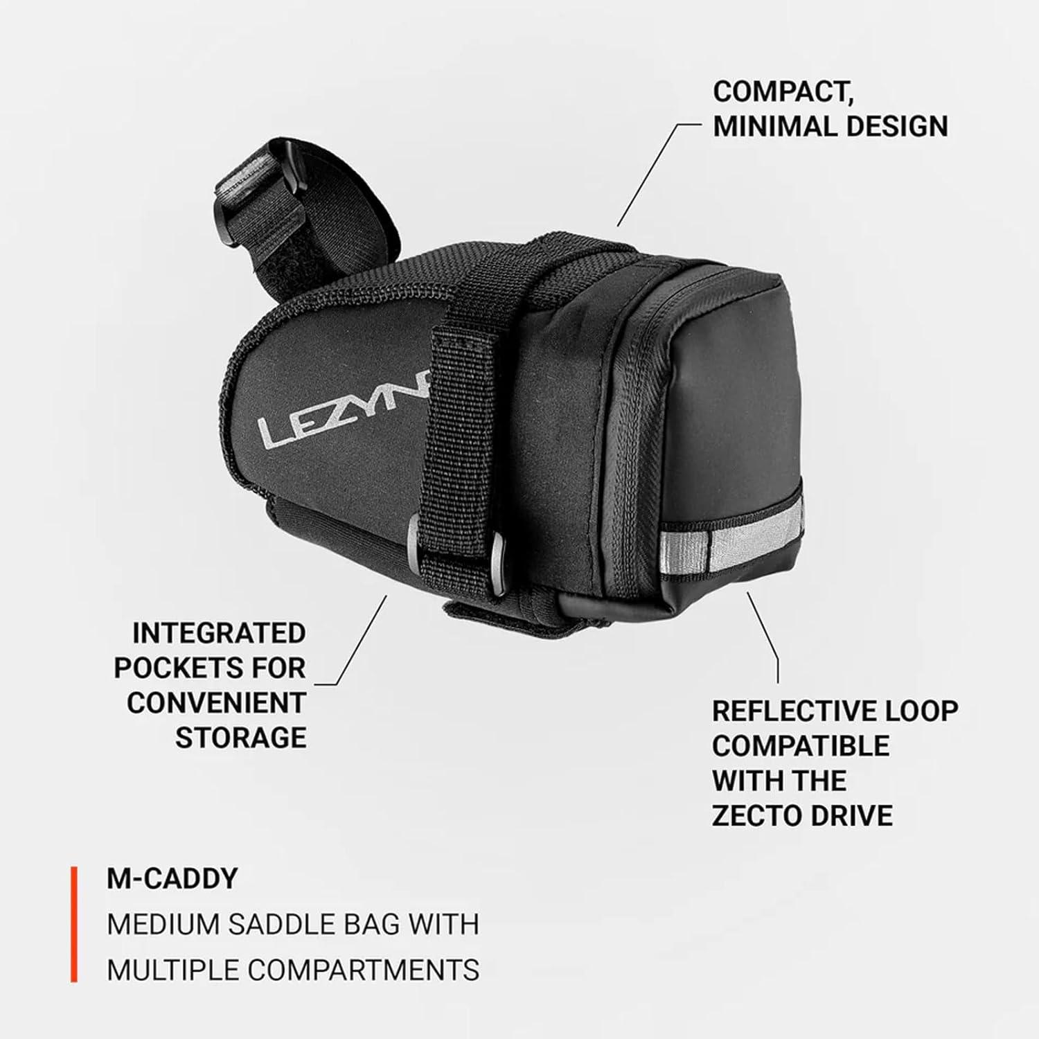 imageLEZYNE Caddy Bike Saddle Bag Durable Nylon Cycling Storage Bag with VelcroQuick Release Mount Reflective Accents WaterResistant Zipper for Road Bikes ampamp CommutersMedium