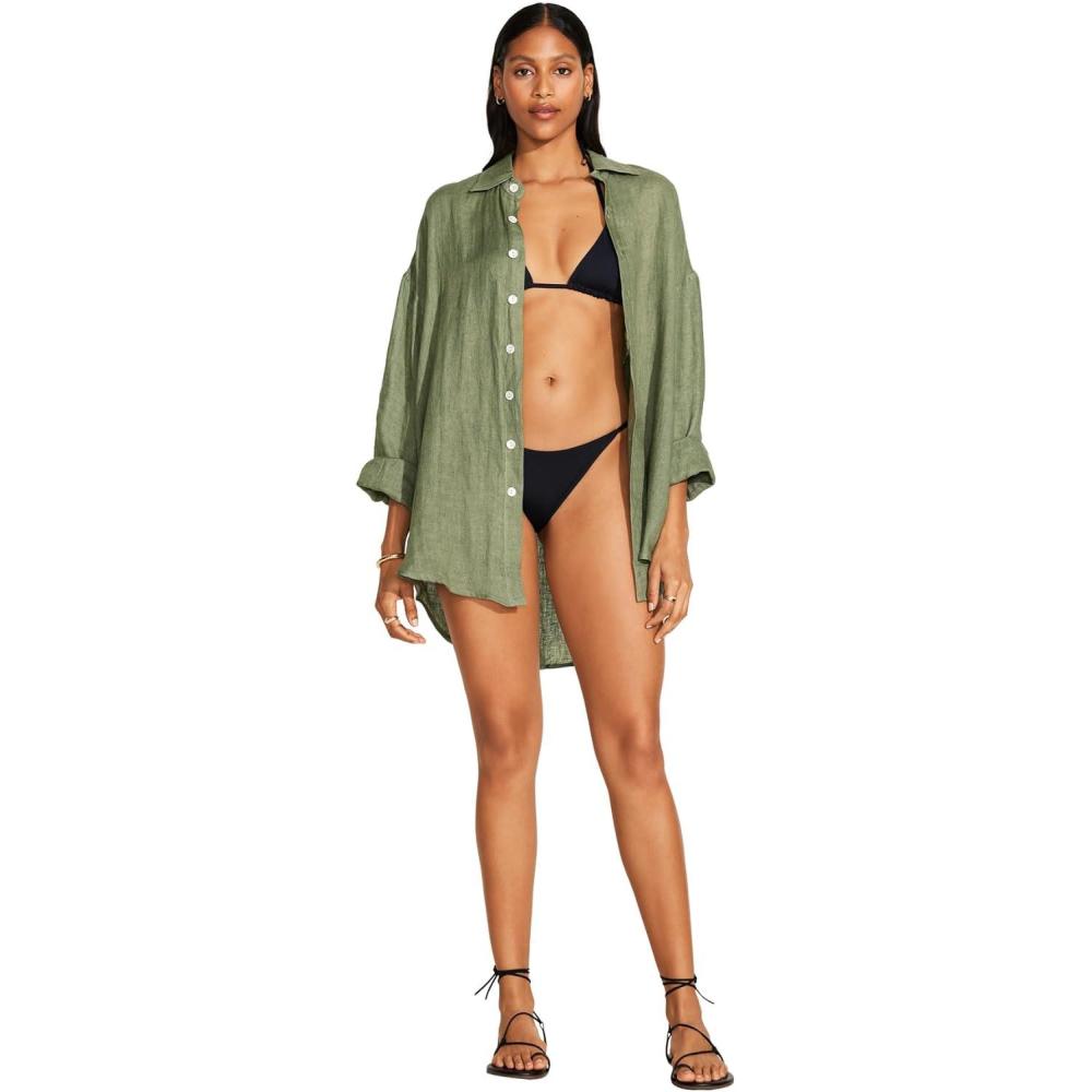 imageVitamin A Womens Swimwear Swimwear Playa Linen Boyfriend Shirt Swimsuit Cover UpAgave