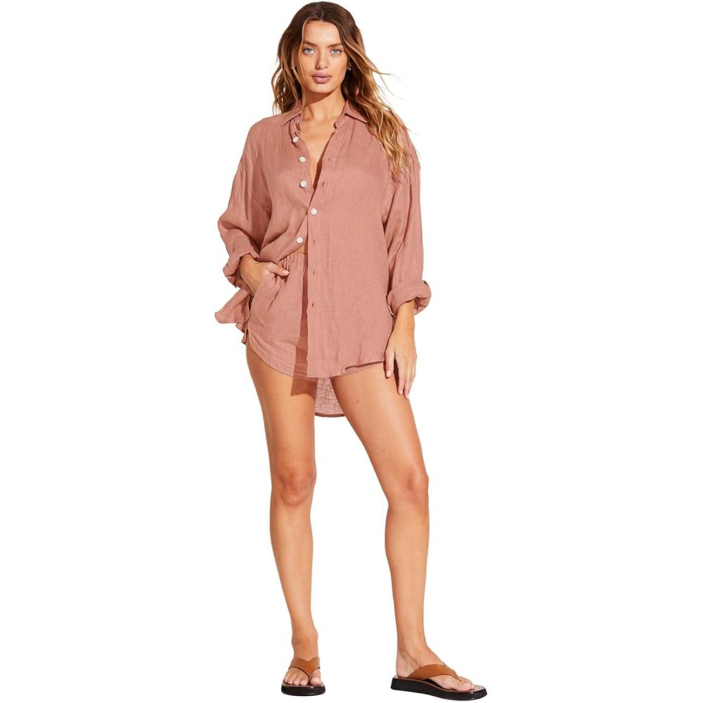 imageVitamin A Womens Swimwear Swimwear Playa Linen Boyfriend Shirt Swimsuit Cover UpDesert