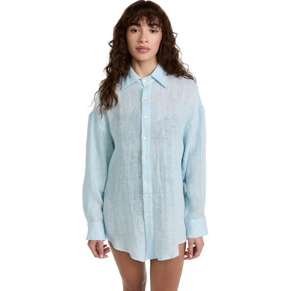 imageVitamin A Womens Swimwear Swimwear Playa Linen Boyfriend Shirt Swimsuit Cover UpEcolinen Gauze Sky