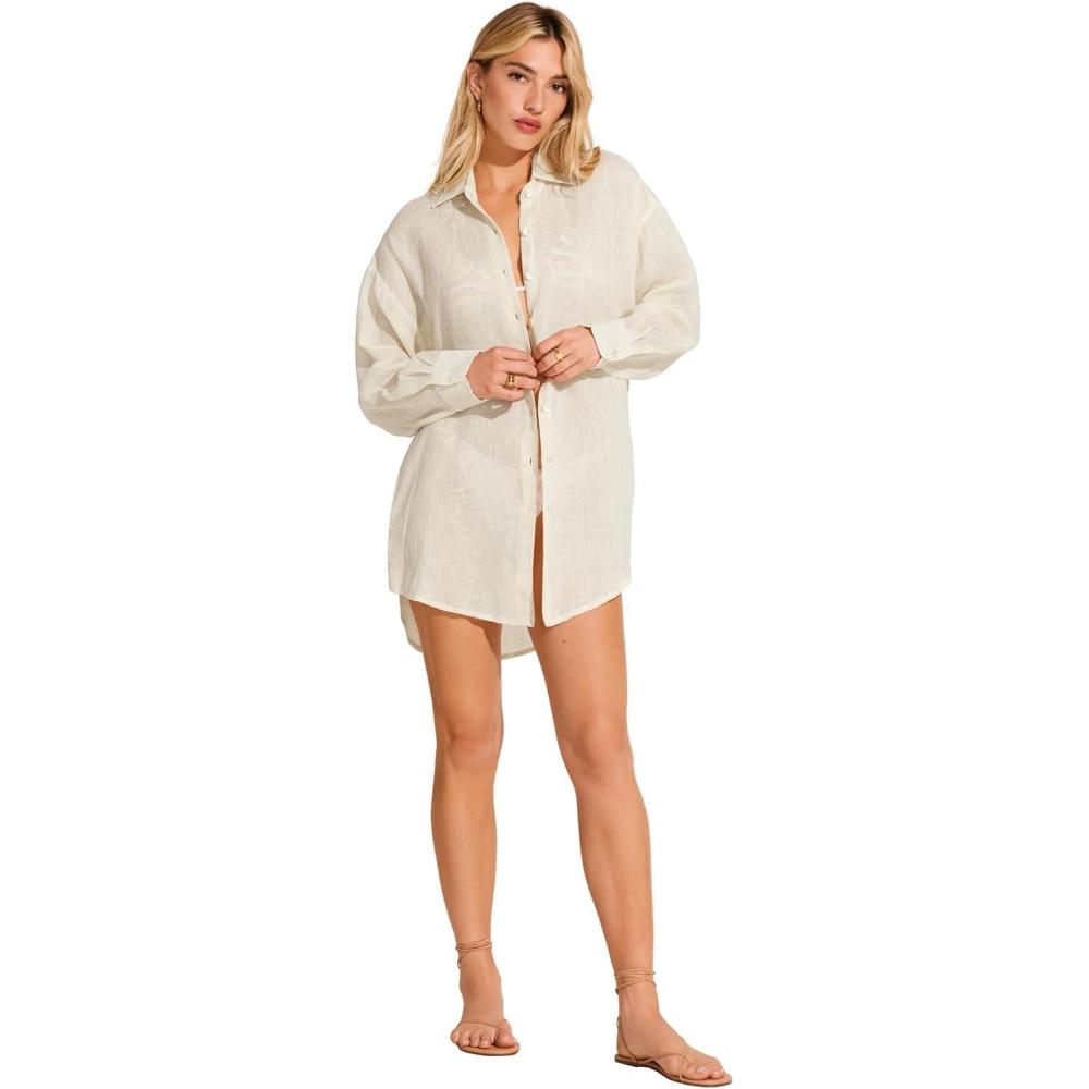 imageVitamin A Womens Swimwear Swimwear Playa Linen Boyfriend Shirt Swimsuit Cover UpOat Ecolinen