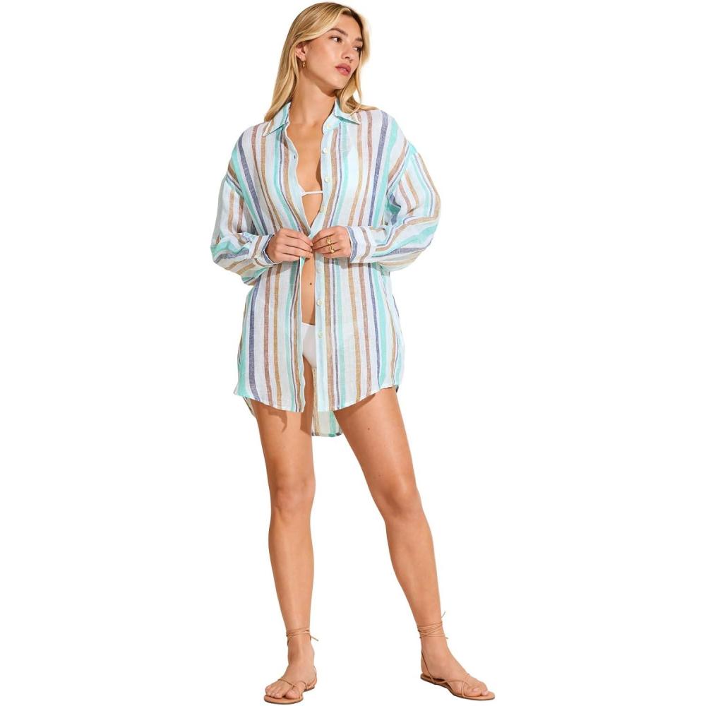 imageVitamin A Womens Swimwear Swimwear Playa Linen Boyfriend Shirt Swimsuit Cover UpTidal Stripe Ecolinen