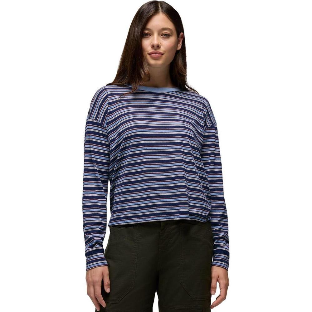imageprAna Womens Cozy Up Long Sleeve CrewCapulet Blue Stripe