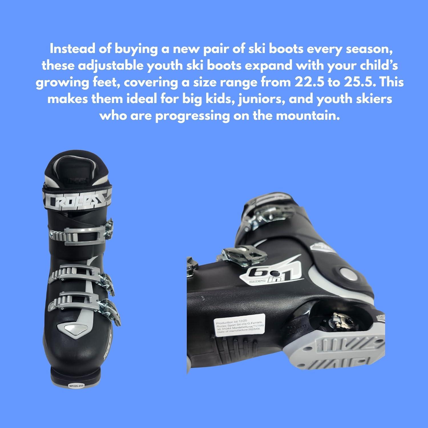 imageRoces IDEA UP Adjustable Ski Boots for Kids Youth ampamp Toddler Ski Boots with Single Buckle Expandable Downhill Ski Boots for Growing Feet Girls ampamp Boys SizesBlackSilver