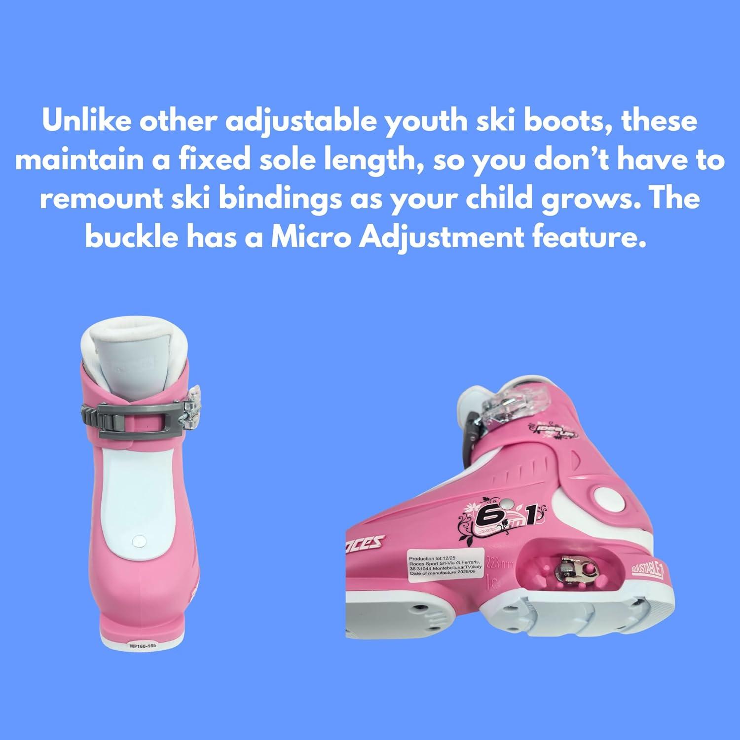 imageRoces IDEA UP Adjustable Ski Boots for Kids Youth ampamp Toddler Ski Boots with Single Buckle Expandable Downhill Ski Boots for Growing Feet Girls ampamp Boys SizesDeep PinkWhite