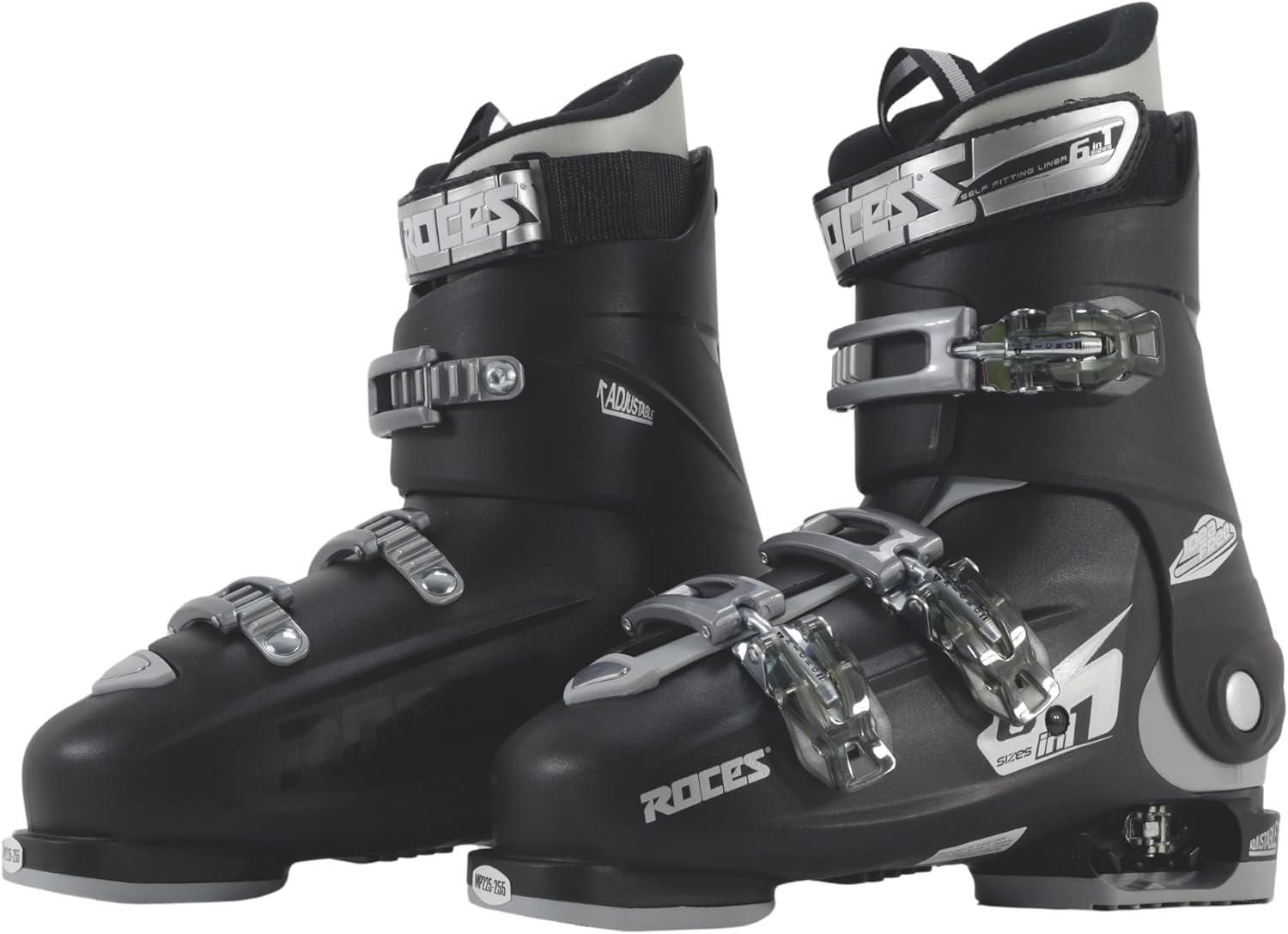 imageRoces IDEA UP Adjustable Ski Boots for Kids Youth ampamp Toddler Ski Boots with Single Buckle Expandable Downhill Ski Boots for Growing Feet Girls ampamp Boys SizesBlackSilver