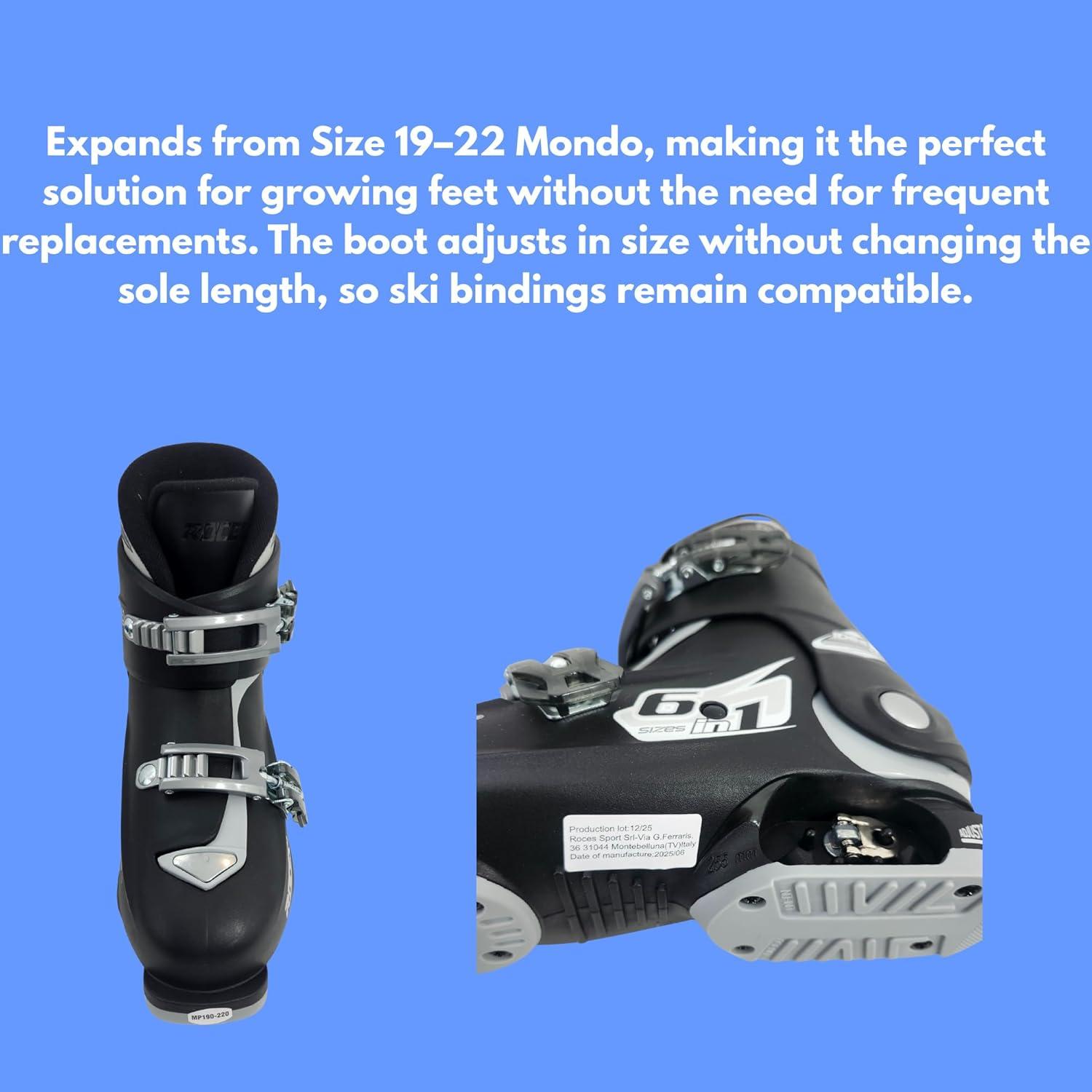 imageRoces IDEA UP Adjustable Ski Boots for Kids Youth ampamp Toddler Ski Boots with Single Buckle Expandable Downhill Ski Boots for Growing Feet Girls ampamp Boys SizesBlackSilver